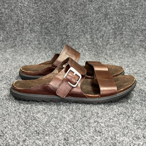 Merrell Around Town Buckle Sandals Womens Size 7 Brown Leather Cork Summer Slide - Picture 1 of 11